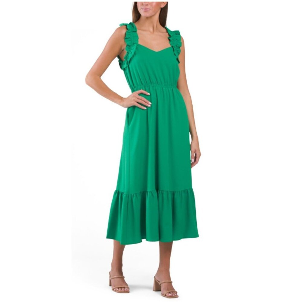 NWT KENSIE Green Scoop Neck Sleeveless Ruffle Tiered Midi Dress Size 12